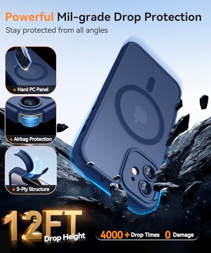 Image of CANSHN Magnetic Compatible with iPhone 12 Case, Upgraded [Full Camera Protection] [Compatible with Magsafe] [Translucent Matte] Shockproof Protective Phone Case Cover 6.1 Inch - Deep Blue
