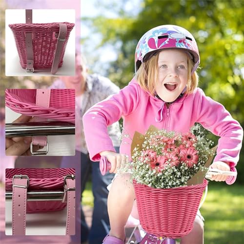 Denxahao Fahrradkorb Kinder Vorne Laufrad Korb Fahrradkörbchen mit Lederriemen, Korb Kinderfahrrad Fahrradkorb Geflochten für Mädchen und Kinder Vorne Kinderfahrradzubehör (#Bunt)