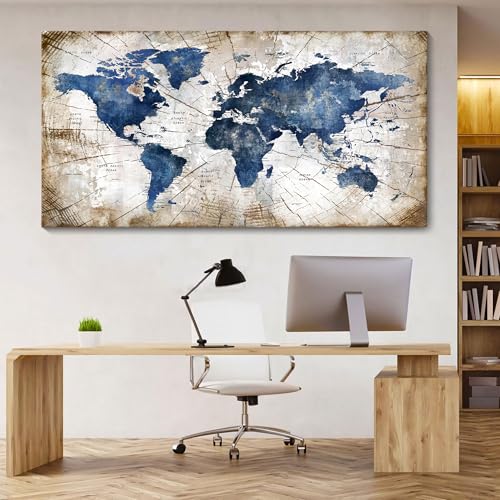 Image of World Map Canvas Wall Art Abstract Navy World Maps for Wall Vintage Modern Wall Art for Office Framed Pictures for Living Room Bedroom Wall Decoration for Home Office Decor Artwork for Walls 29x58IN