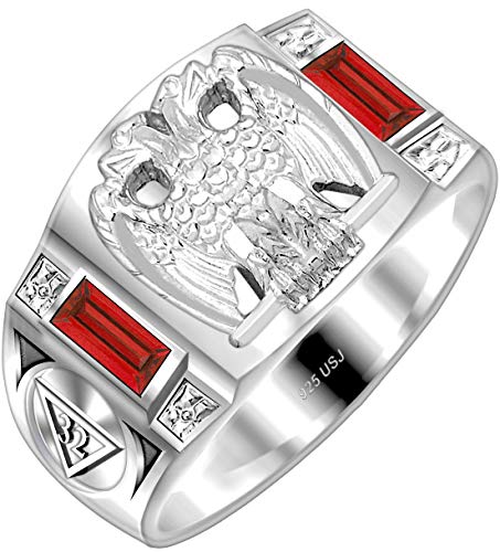 US Jewels Customizable Men's 0.925 Sterling Silver Simulated Ruby Scottish Rite Masonic Ring