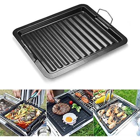 Barbecue Bakeware Non-Stick Cast Iron Griddle Pan with Grooved Surface Barbecue Plate Rectangle Iron Baking Stone Grilling Tray Barbecue Frying Pan Outdoors Barbecue Accessory for Camping Cookware Cover