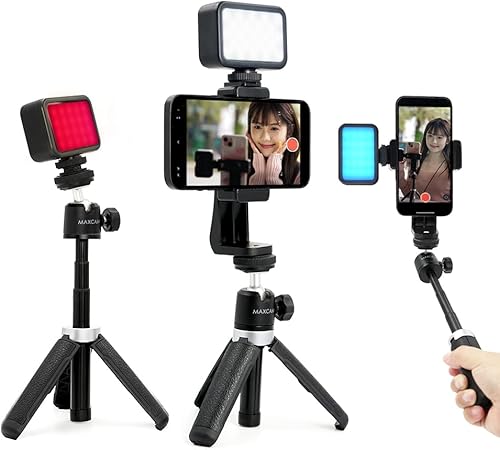 MAXCAM Kit de accesorios de luz de video RGB colorida en la cámara, incluye luz RGB + clip para teléfono + trípode, 0-360 grados a todo color, 2500
