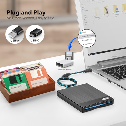 Image of Floppy Disk Reader, 3.5 inch 1.44mb External USB Type A /C Floppy Disk Drive for PC, Laptop and Desktop Compatible with Windows 11 /10 /8 /7 /2000 /XP, Not Compatible With Mac and Chrome (Brushed Texture)