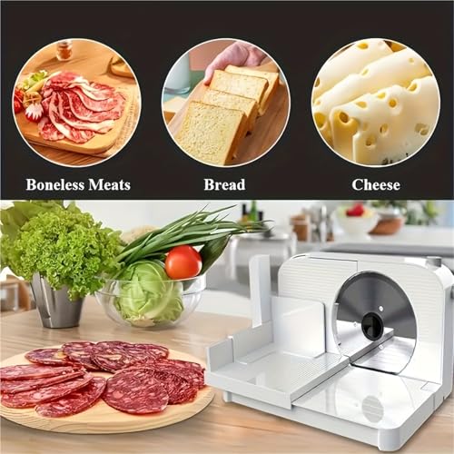 Electric Food Slicer Bread Slicer Foldable Stepless Cutting Thickness (0-15 Mm) for Various Foods Such As Meat, Deli, Bread, Vegetables, Ham, Cheese, Etc. 150 Watts, White - Image 3