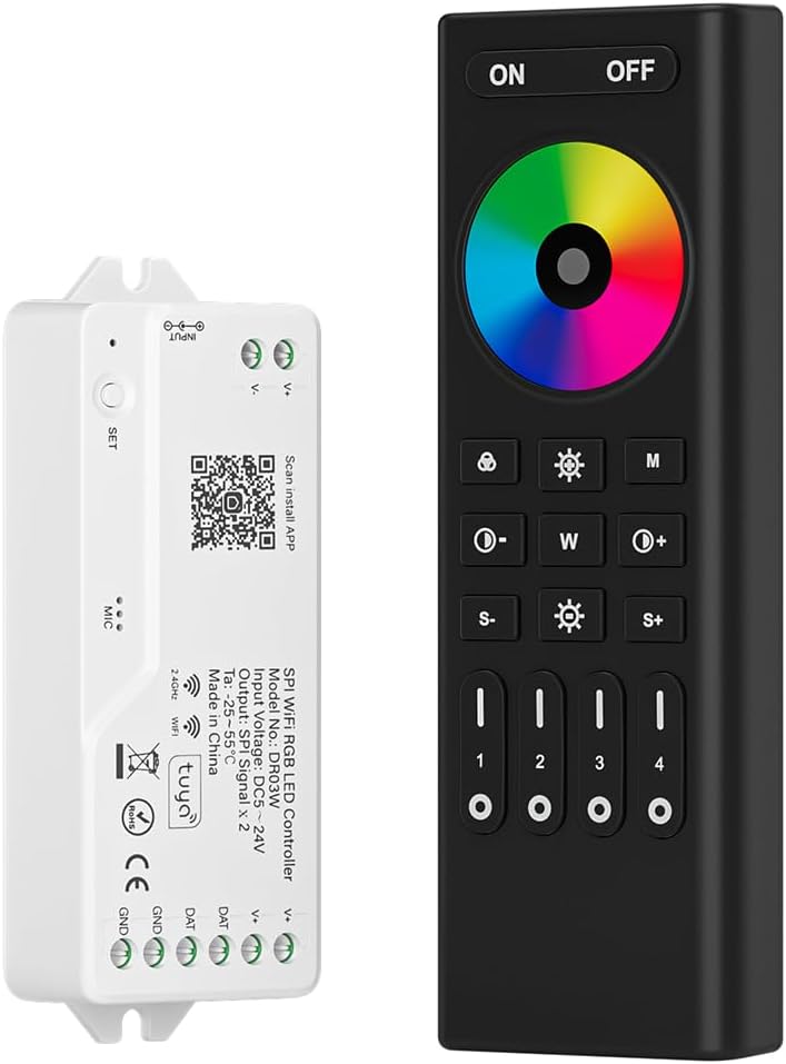 SEZO 2.4G WiFi SPI RGB Controller DR03W & RC03RF RF Remote Kit Tuya APP/Smart Life/Google Home/Alexa Control Support WS2812B WS2811 WS2813 WS2815 etc Addressable RGB LED Strip STA Mode