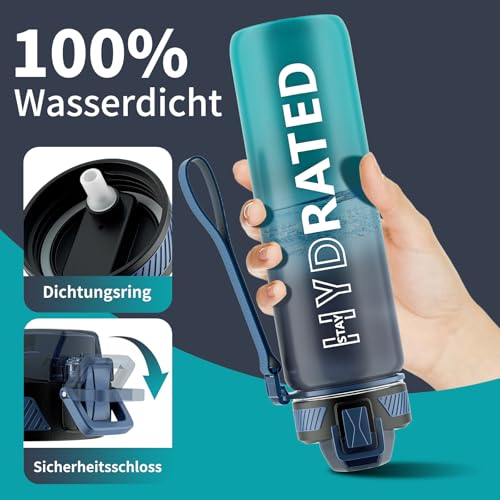 QLUR Trinkflasche, 1L BPA-Frei Tritan Wasserflasche mit Strohhalm, Trinkflasche Sport Auslaufsicher mit Zeitmarkierung und Bürste, Sportflasche für Fitness, Schule, Yoga, Outdoor(1 Flasche)