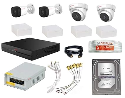 CP Plus 2.4mp IR Camera Support Built-in Mic (Audio Recording Bala Camera) (4Ch DVR, 2 Outdoor Bullet & 2 Indoor Dome Camera, 1TB HDD, Power Supply, 90Mtr Cable, Bnc, Dc, HDMI & PVC Box)