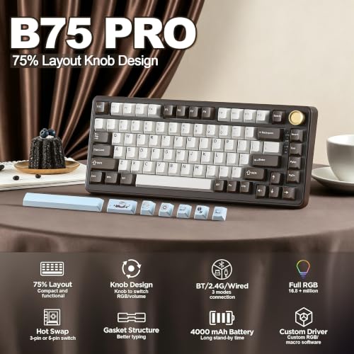 Image of YUNZII B75 PRO Wireless Mechanical Keyboard,75% Layout with Knob,Hot Swap Gasket Structure,Creamy Pre-lubed Switches,RGB Backlit,Bluetooth /Type-C /2.4G for Win /Mac (Coffee Brown, Milk Switch)