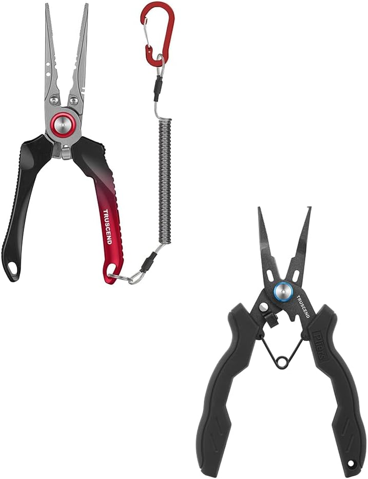 TRUSCEND Lockable Handy Fishing Pliers with Innovative Ergonomic Handle, Saltwater Corrosion Resistant Teflon Coated Fishing Tool, Multi-Function Fishing Gear with Mo-V Cutter, Amazing Fishing Gift