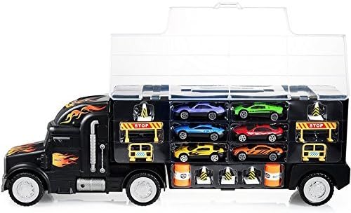 Toy Truck Car Carrier - Includes 6 Toy Cars and Accessories, Fits 28 Toy Car Slots - Great Gift for Boys and Girls - Original - By Play22