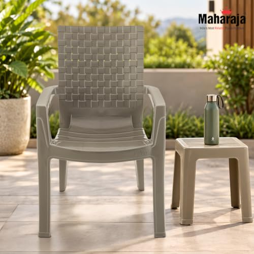 Image of MAHARAJA Heavy Duty Plastic Chairs for Home & Office | Comfortable | Arm Rest | Bearing Capacity up to 200Kg Plastic Outdoor Chair (Olive-Grey, Pack of 4)