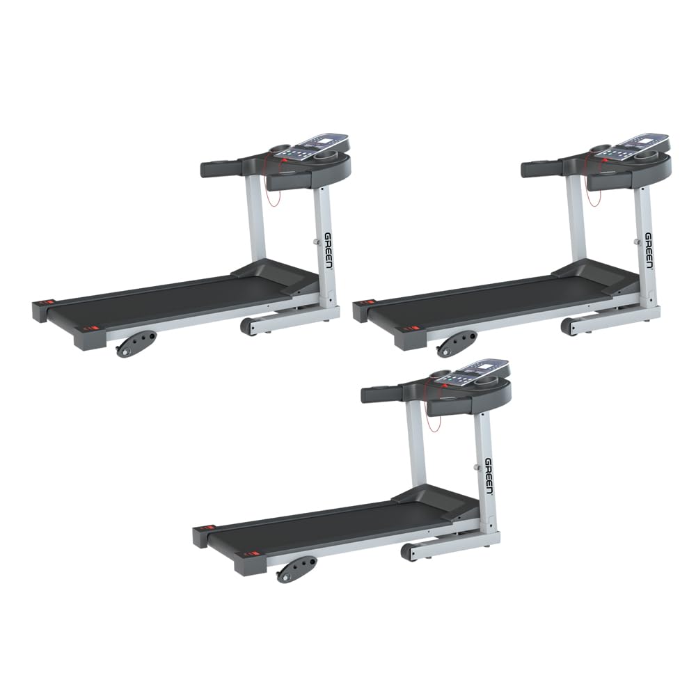 green gt-400 foldable aluminium treadmill for home use | 4hp peak motorized jogger running machine with 3.5 inch lcd screen | 12 preset programs, heart rate sensor and tablet holder | pack of 3