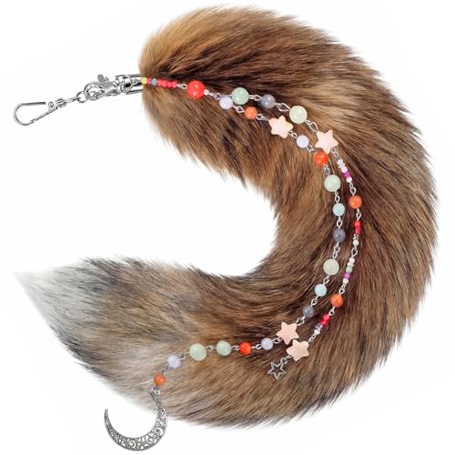 Nosiny 11.8 Inch Fluffy Therian Fox Tail Keychain and Beaded Pendant Keychain for Cosplay Costume Keyring Bag Accessory(Red Sun Color)