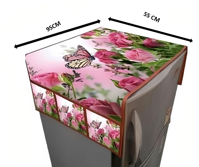 Image of STOREUP double Door or Single Door Fridge Cover | solid Print Fridge Cover With Side Pockets|Fridge Top Cover|Refrigerator Cover|Washable Cotton Material|6 Utility Pockets (pink butterfly)