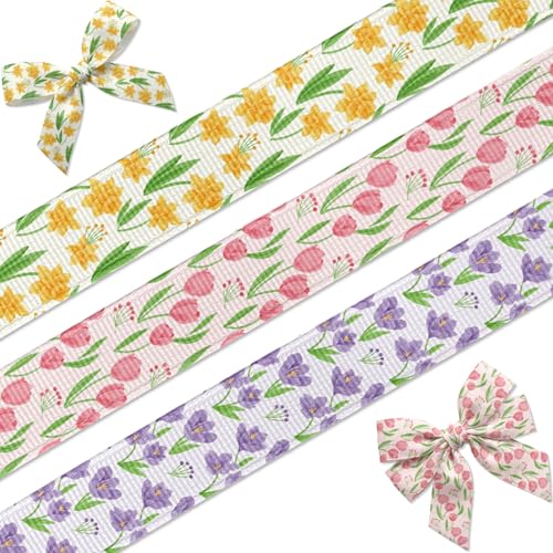 Kutyndrix Spring Floral Grosgrain Ribbon Set 7/8 Inch x 15 Yards Tulip Daffodil Crocus Patterns for DIY Hair Bows Easter Crafts Mothers Day Gift Wrapping