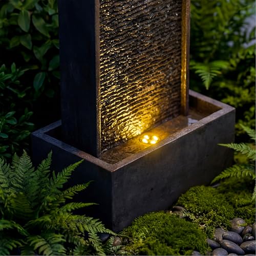 Dalxo 35-Inch Outdoor Water Fountain, Modern Curved Faux Slate Resin Indoor Waterfall Fountain with 2 Warm LED Lights, Home Art Decor for Garden, Patio, Yard, Deck, Porch, Balcony in Black