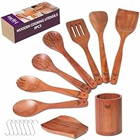 Wooden Kitchen Cooking Utensils Set | 9 Piece Spatula Set with Spoon Rest, Holder & 7 Hooks | Acacia Wood Non Toxic Serving Spoons