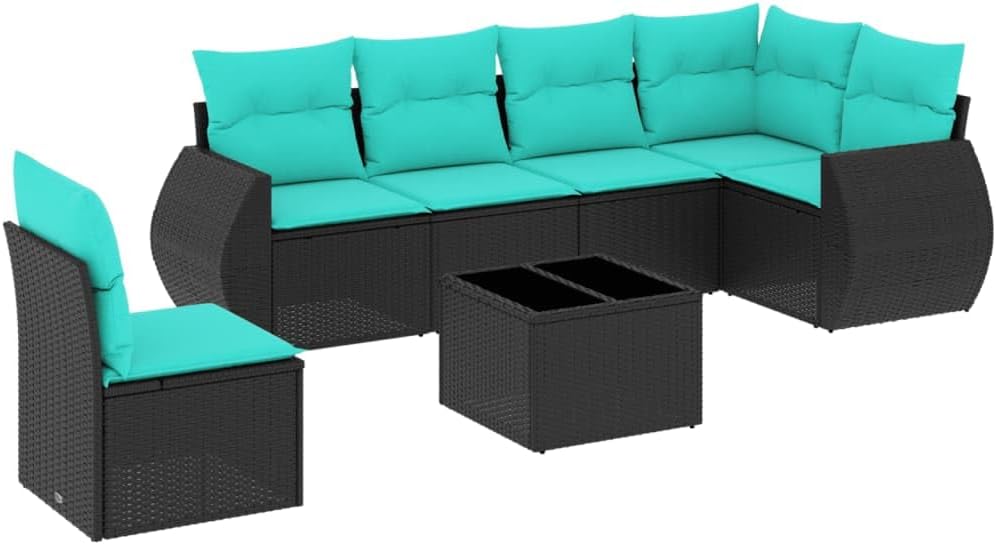 7 Piece Patio Sofa Set with Cushions Black Poly Rattan Garden Seating Ensemble Outdoor Seating Set for Backyard Backyard