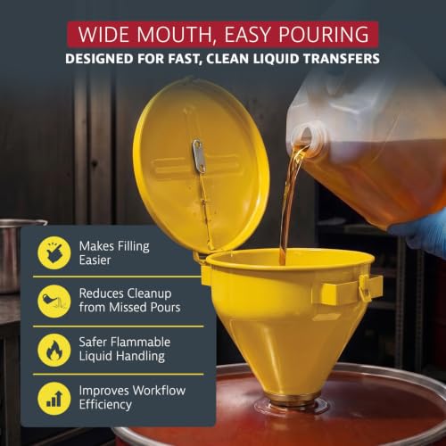 Image of Justrite Drum Funnel for Flammables, Self-Closing Cover, Yellow,Made in USA