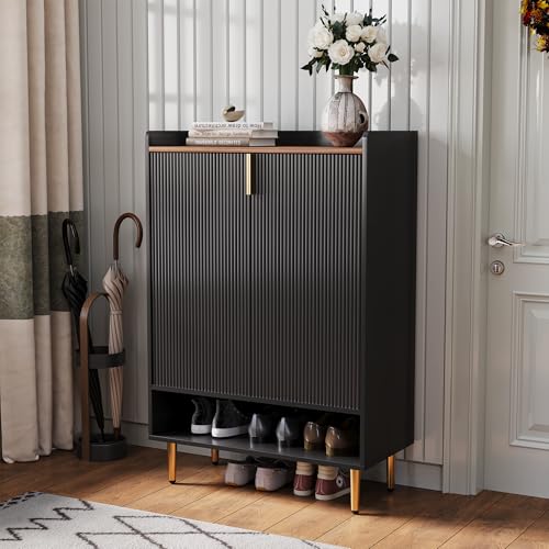 ZOSQUARE Modern Shoe Storage Cabinet, 7-Tiers Black Shoes Cabinet with Fluted Doors, 45 inch Tall...