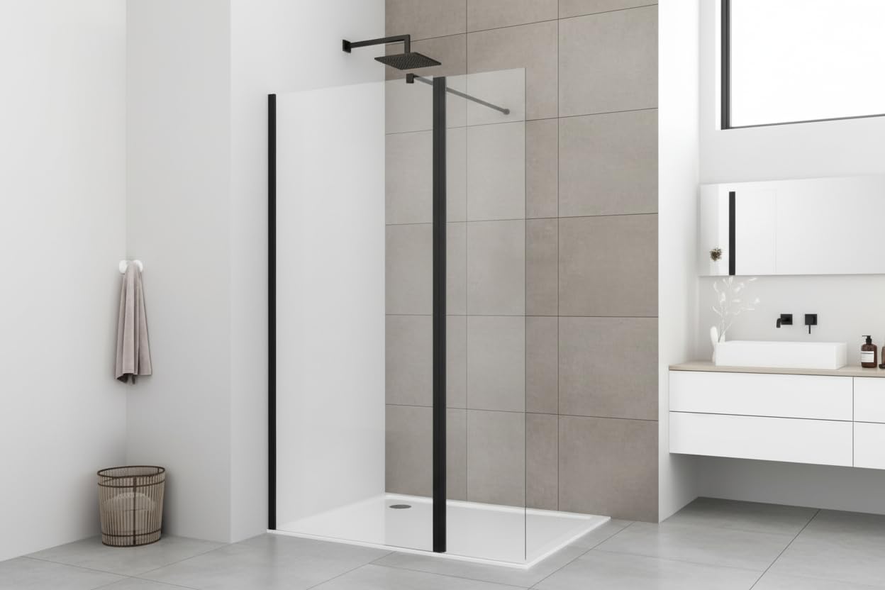 Walk in Shower Enclosure Black Trim 8mm Tempered Safety Glass Wetroom Shower Screen Panel (800mm Screen with 300mm Return)