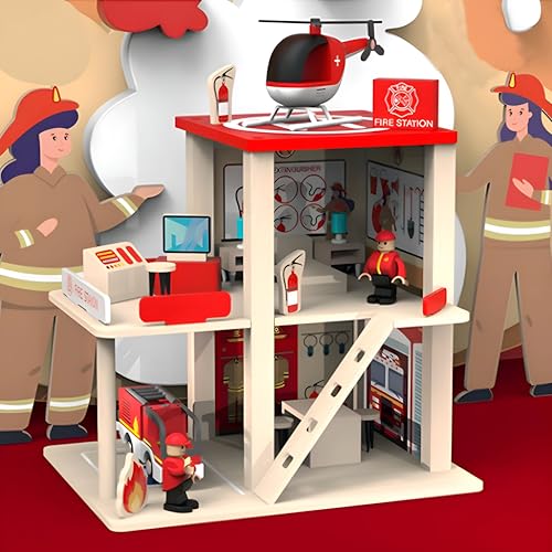 RLS Wooden Fire Station Playset, Pretend Play Dollhouse,Multicolor 3-Level with Figures, Truck, Helicopter and Accessories