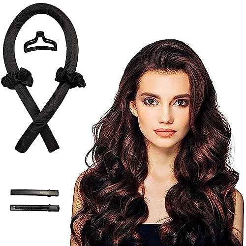 Heatless Curlers Headband with Hair Clips and Scrunchie - Hair Curlers No Heat for Long and Medium Hair with Claw Clip - Heatless Curls For Sleeping Overnight - Styling Tools in Pink and Black Colour