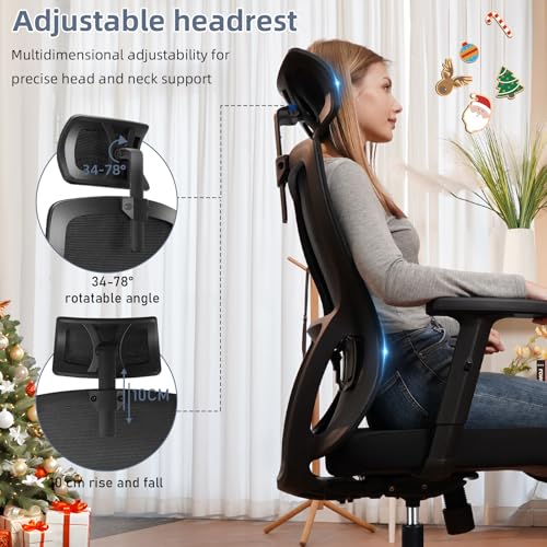 Durrafy Office Chair, Desk Chair with Adjustable Headrest, Lumbar support and Liftable Armrest, High Back Ergonomic Office Chair, Breathable Mesh Backrest for Comfy, Computer Chair for Home/Office - Image 3