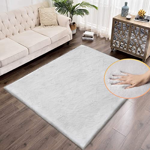 Washable Area Rugs 5x8 Rugs for Living Room Silver Grey Faux Rabbit Fur Rug for Bedroom Faux Sheepskin Rug Teen Room Home Décor