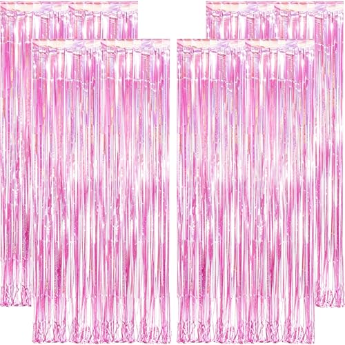 Rideau Métallique à Frange Rose Clair 1x2.5m, 4 Pcs Brillant en Aluminium pour Anniversaire, Noël, Fête, Mariage