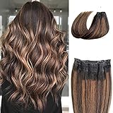 Human Hair Halo Extensions, Ombre Black Hair to Light Brown Highlights Remy Crown Hair Extensions...