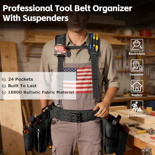 Image of MELOTOUGH Tool Belt with Suspenders Electrician Tool Bag Suspenders Framers Combo Apron Tool Belt Construction Tool Pouch Suspenders Heavy Duty Carpenter Suspension Rig（Grey）