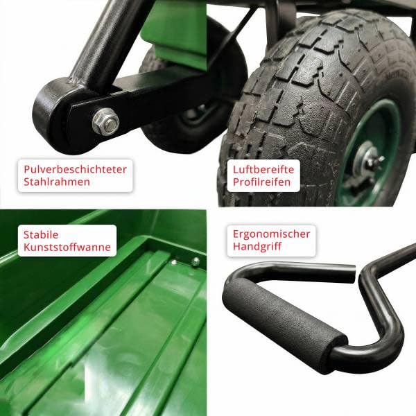 Gartenwagen mit Kippfunktion 300 kg, Transportwagen mit Luftreifen und Lenkachse, robuste Gartenkarre als Schubkarren Alternative, Kippwagen Lastenwagen für Gartenarbeit, Holz, Erde, Laub und Kompost
