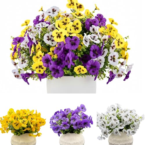 Artificial Pansies Flowers for Outdoor, UV Resistant Fake Flowers, No Fade Realistic Silk Pansy for Porch Planter Garden Patio Yard (24, Purple/White/Yellow) image 3
