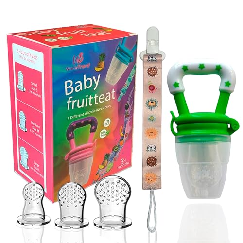 WS WorlsTrend Alimentador Antiahogo Bebe - Chupete Fruta Bebe - Mordedores Bebes - Chupete de Fruta con Boquilla + 3 Boquillas de Reemplazo (S/M/L) + 1 Cadena Chupete Bebe - Alimentación.
