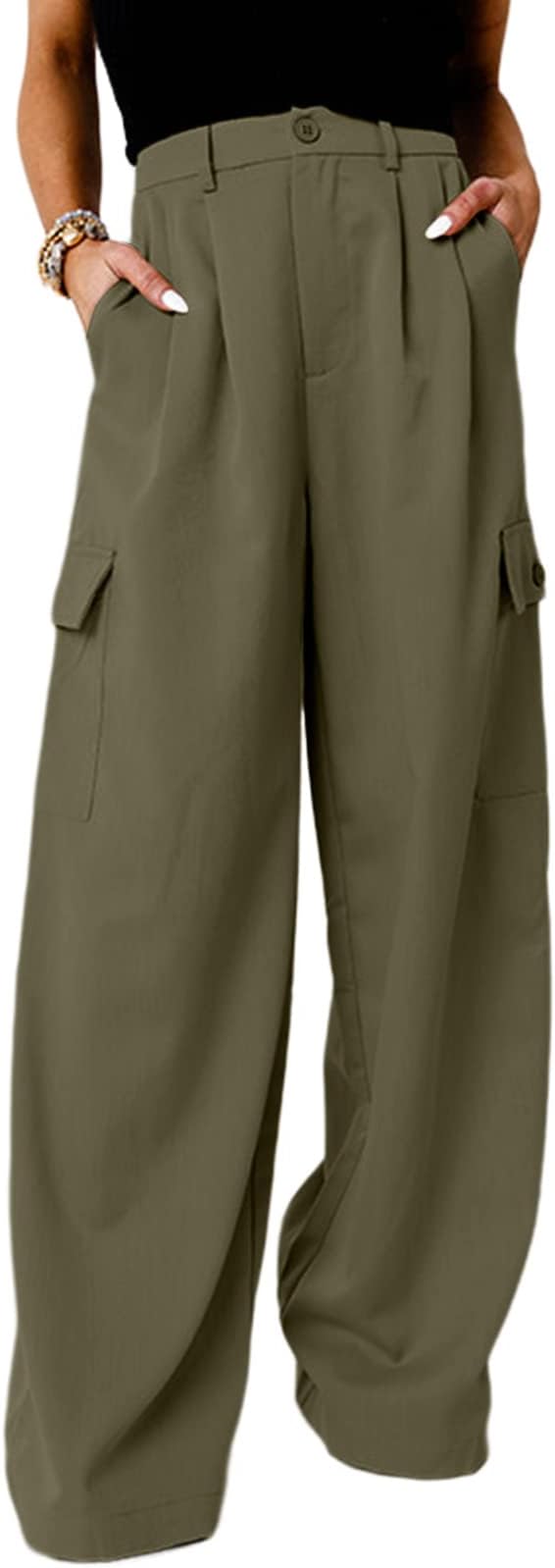 DokotooWomens High Waisted Wide Leg Cargo Pants Baggy Casual Trendy Work Pants with 4 Pockets
