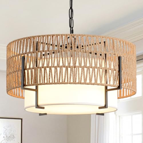 SupMaka Boho Rattan Chandelier, 19.7" Rattan Pendant Light with Fabric