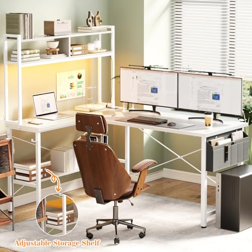 Image of Aheaplus L Shaped Desk Gaming Desk, 59 inch L Shaped Computer Desk with LED Light & Power Outlet, Reversible Home Office Desk Gamer Desks with Shelves & Storage Bag & Hooks, Corner PC Desk, White