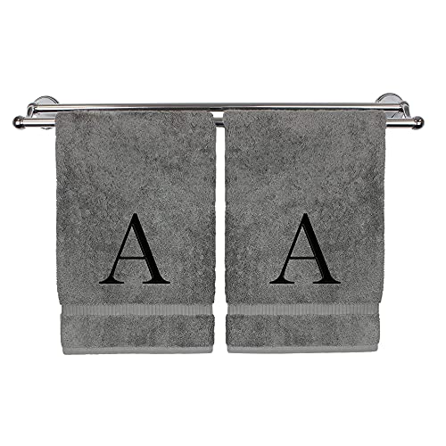 Monogrammed Hand Towel, Personalized Gift, Set of 2- Black Block Letter Embroidered Towel - Extra Absorbent 100% Turkish Cotton - Soft Terry Finish - Initial A Gray