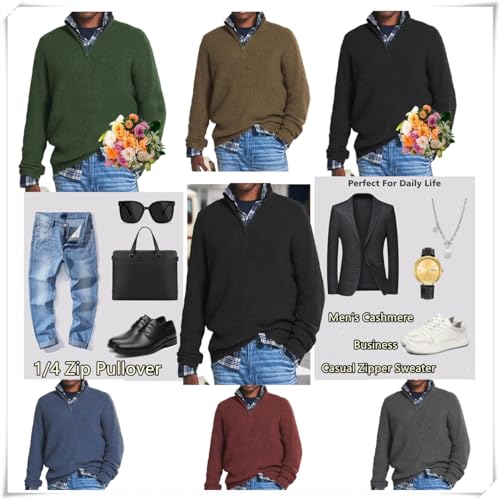 Men's Cashmere Business Casual Zipper Sweater, Mens Quarter Zip Sweater Mock Neck Polo Sweaters 1/4 Zip Pullover4