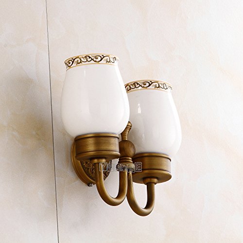 Younge Antique Brass Bathroom Accessories Wall-Mounted Double Toothbrush Holder Cup Holder With Two White Ceramic Tumbler #TOP1