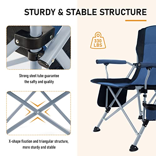 Homcosan Portable Camping Chair Folding Quad Outdoor Large Heavy Duty Support 330 Lbs Thicken 600D Oxford With Padded Armrests, Storage Bag, Beverage Holder, Carry Bag For Outside(Blue) #TOP2