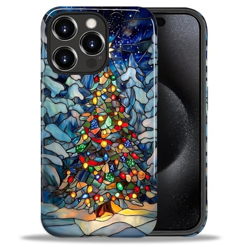Case for iPhone 15 Pro Max,Hybrid Dual Protection Soft TPU + Hard PC Shockproof Cover, Anti-Scratch & Slim Protective Men Women Case for iPhone 15 Pro Max Christmas Tree Stained Glass Design