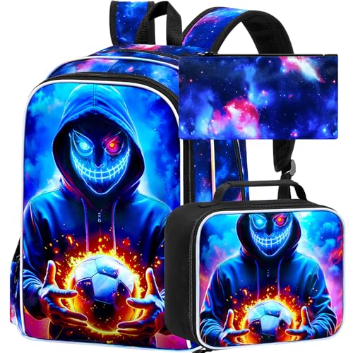 KLFVB 3PCS Boys Bookbag, 17" Kids Football Backpack and Lunch Box, Water Resistant School Backpack for Teenagers Middle Elementary - Demon Soccer