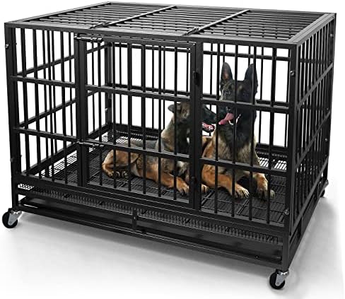 WOKEEN 48/38 Inch Heavy Duty Dog Crate Cage Kennel with Wheels, High Anxiety Indestructible Dog Crate, Sturdy Locks Design, Double Door and Removable Tray Design, Extra Large XL XXL Dog Crate.