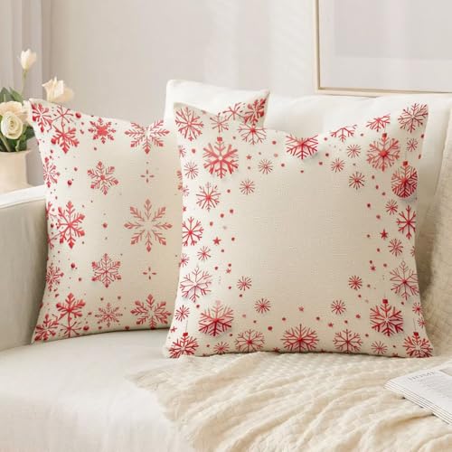 Housse coussin 60x60cm Noël anti tache en lin rouge double face