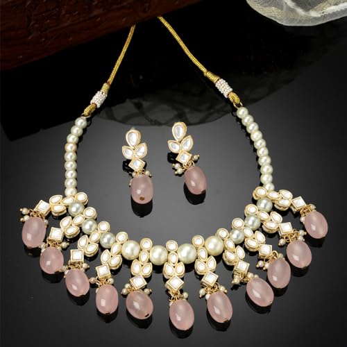 Image of Karatcart Pink Stone Studded Pearl Kundan Necklace Set for Women