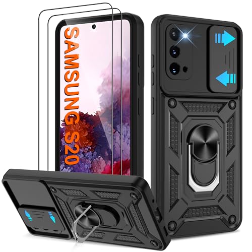 Pilaru Shockproof Case for Samsung S20 Military-Grade Drop Proof Dual-Layer Protective with Camera Slide Cover | Precision Hole Built-in Kickstand & 2 Screen Protectors for Galaxy S20 Phone Black