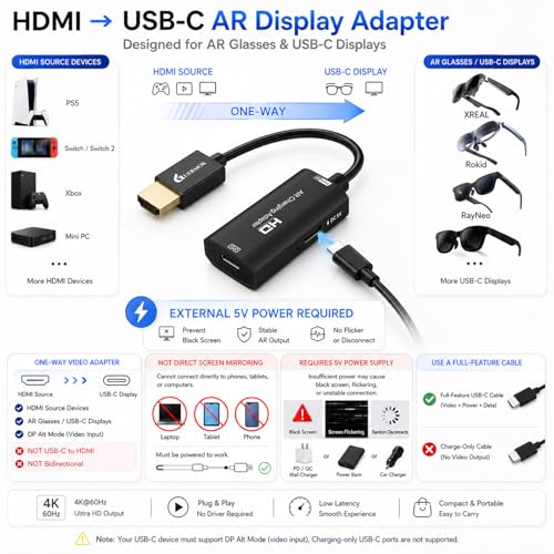 Image of Guermok HDMI to USB C Video Display Adapter, 4.9ft AR Glasses Hub, 4K@60Hz HDMI Male to USBC Female for XREAL One /Air 2 Pro /RayNeo /Rokid, Switch 2 /1, Xbox1, PS4 /5, Portable Monitors, Black