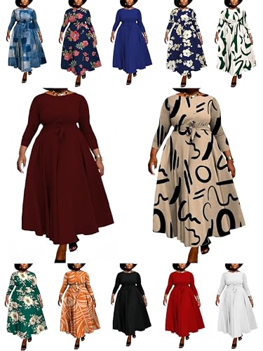 Image of Hostoyo Women Plus Size Formal A Line Maxi Dress Self Tie Waist with Pockets Elegant Round Neck Swing Long Dresses